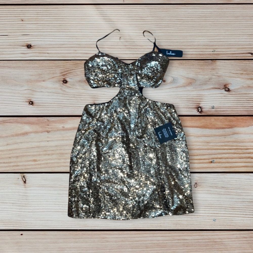 LuLu's Lustrous and Luxe Gold Sequin Cutout Bodycon Mini Dress - Picture 2 of 9